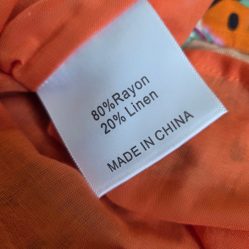 Kourt Small Orange Tropical Print Ruffle Mini Babydoll Dress Linen Blend Boho - Picture 7 of 8